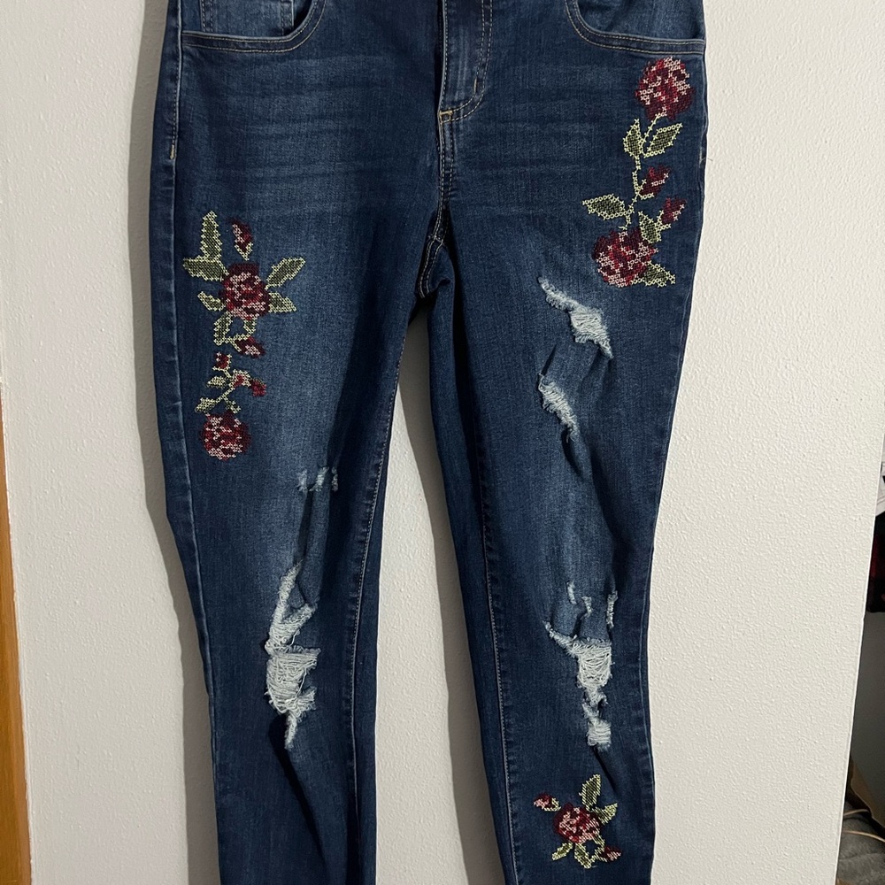 One 5 One Dark Blue Embroidered Skinny Jeans